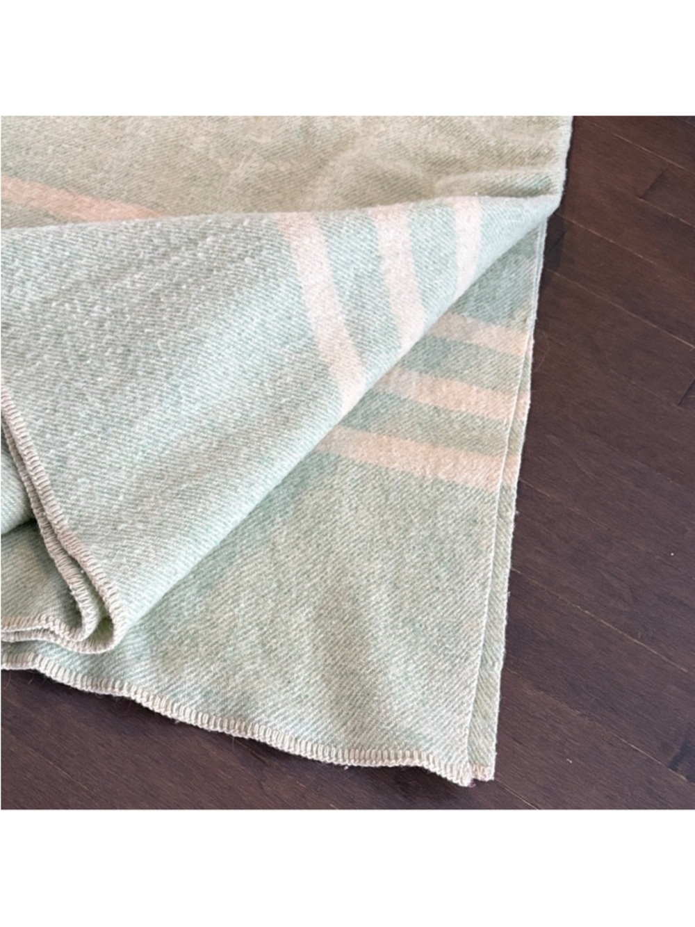 Vintage Wool Blanket Sage Green w/Cream Stripes | Cozy Winter Cabin Throw - Picture 5 of 6
